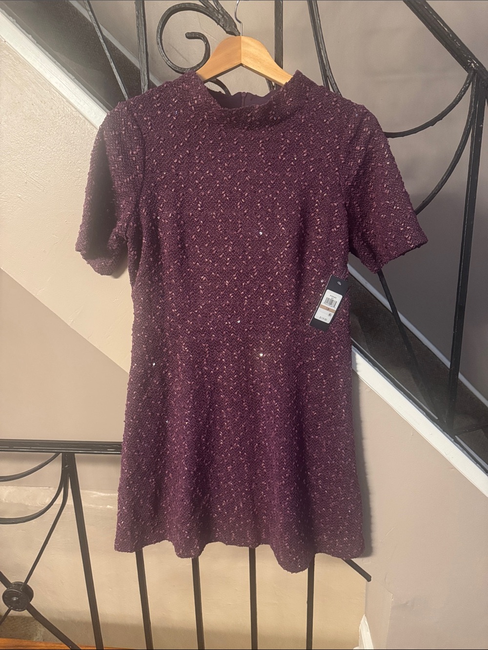 Sparkle Tweed Short Sleeve Dress in Deep Plum
